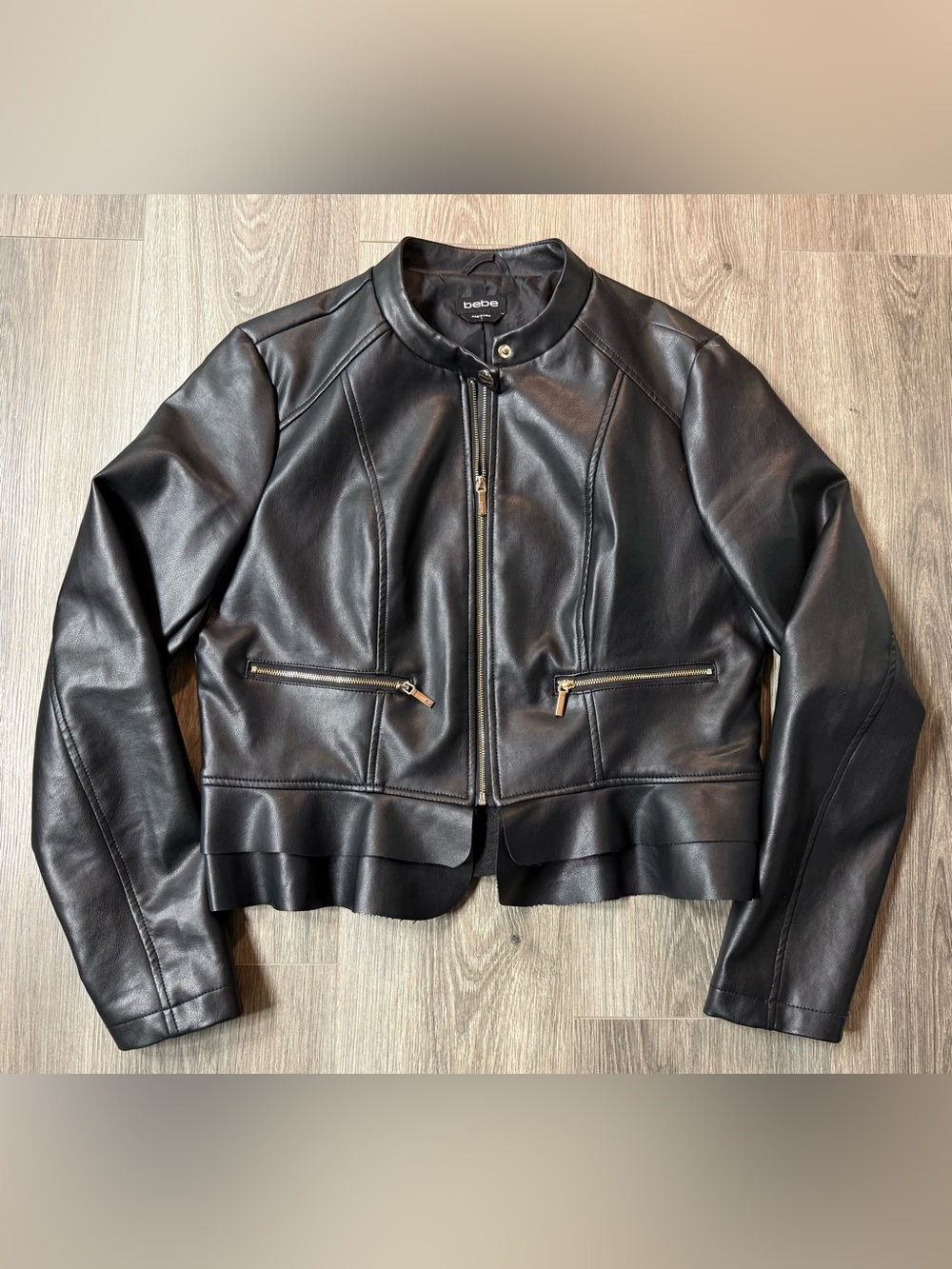 Bebe Black Faux Leather Moto Jacket | Peplum Hem | Size L